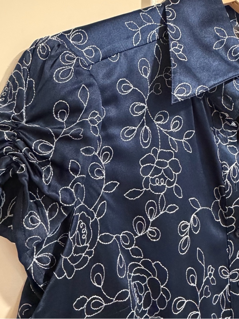 bebe Amanda Navy Floral Embroidered Stretch Silk Button-Down Shirt - Picture 5 of 11